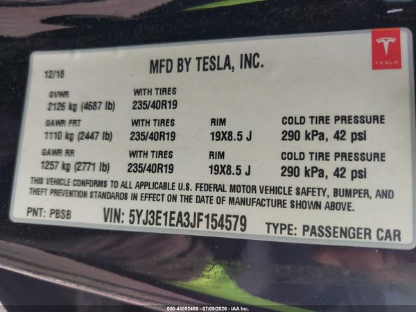 2018 TESLA MODEL 3 LONG RANGE/MID RANGE