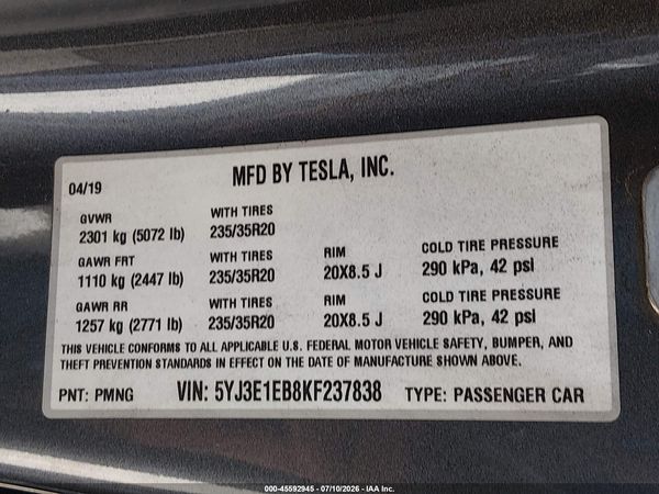 2019 TESLA MODEL 3 LONG RANGE/PERFORMANCE