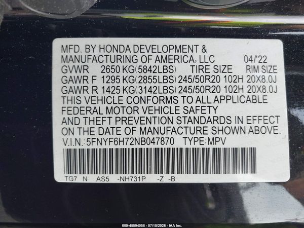 2022 HONDA PILOT AWD BLACK EDITION
