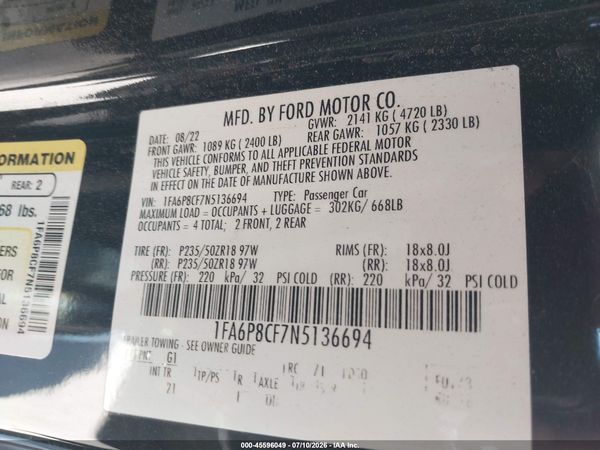 2022 FORD MUSTANG GT FASTBACK — I9