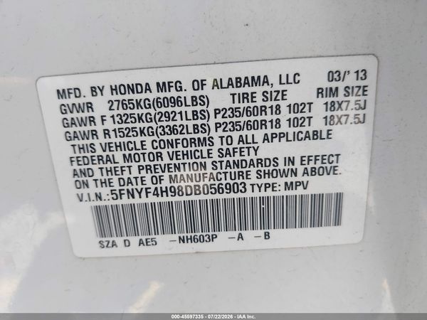 2013 HONDA PILOT TOURING — I9