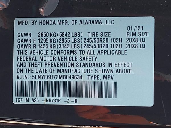 2021 HONDA PILOT AWD BLACK EDITION