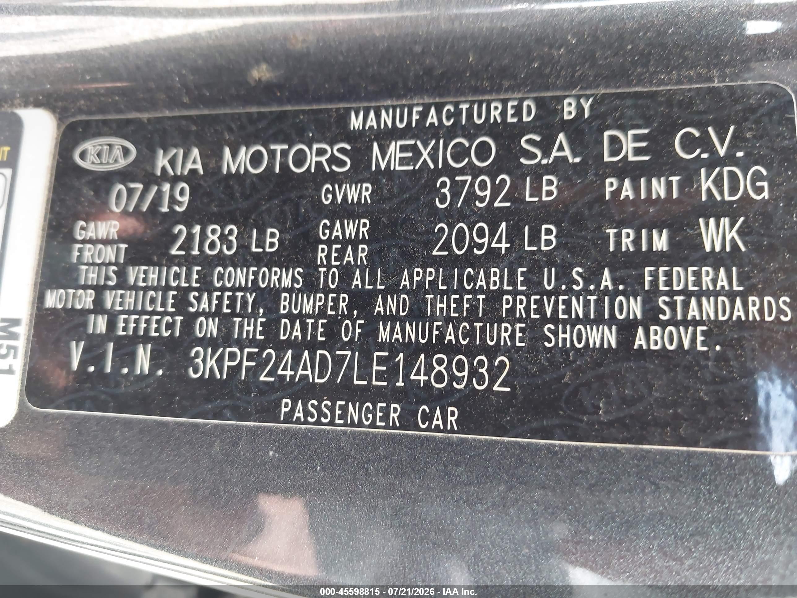 2020 KIA FORTE FE, LXS