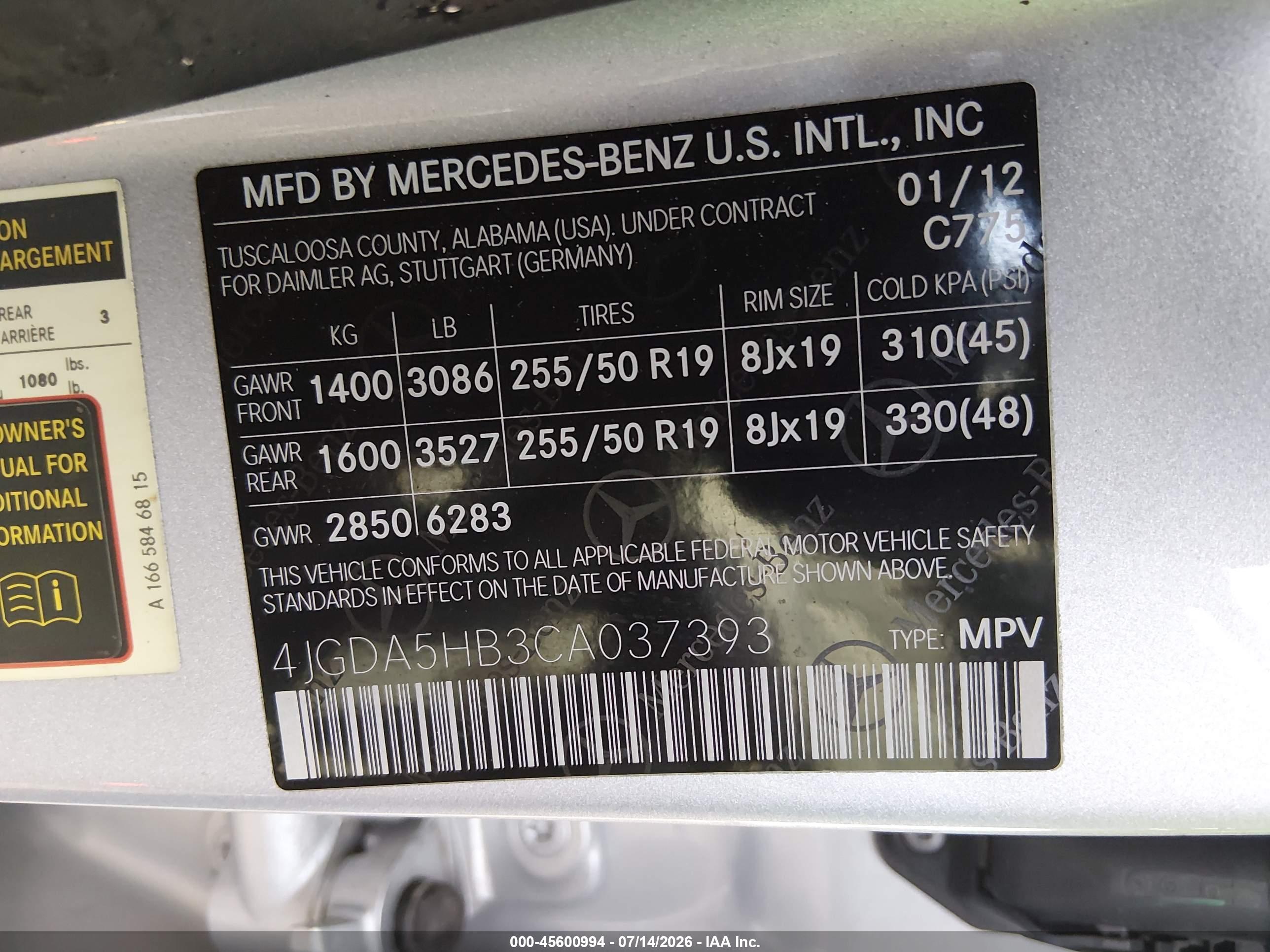 2012 MERCEDES-BENZ ML 350 4MATIC
