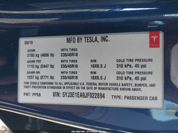 2018 TESLA MODEL 3 LONG RANGE/MID RANGE