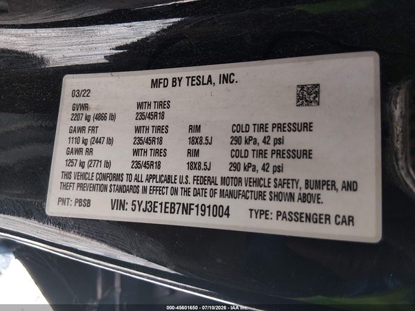 2022 TESLA MODEL 3