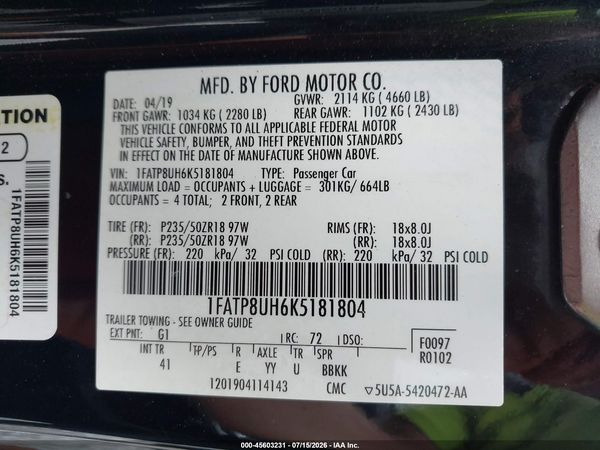 2019 FORD MUSTANG ECOBOOST PREMIUM