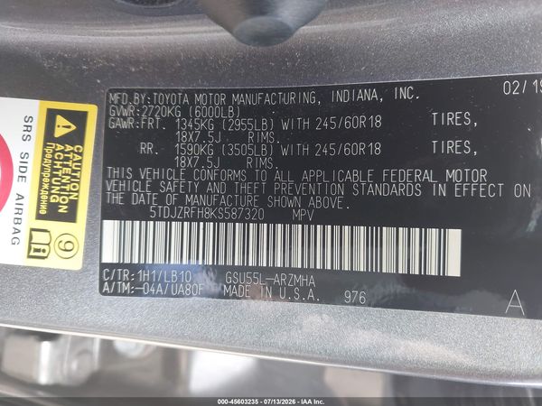 2019 TOYOTA HIGHLANDER XLE