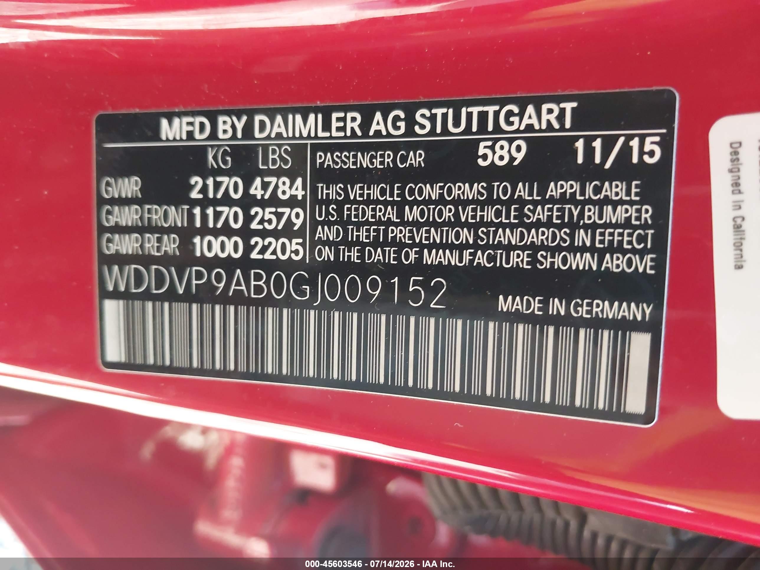 2016 MERCEDES-BENZ B 250E B electric