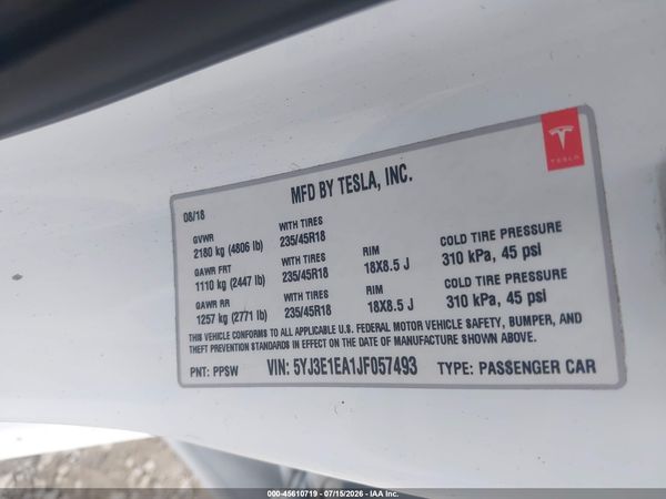 2018 TESLA MODEL 3 LONG RANGE/MID RANGE