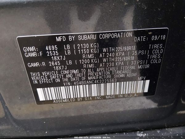 2019 SUBARU OUTBACK 2.5I LIMITED — I9