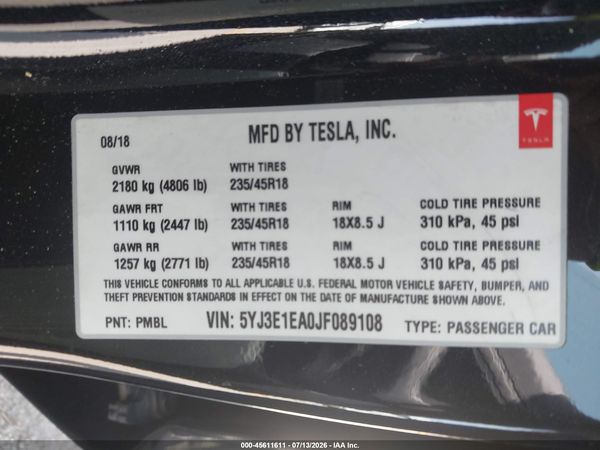 2018 TESLA MODEL 3 LONG RANGE/MID RANGE