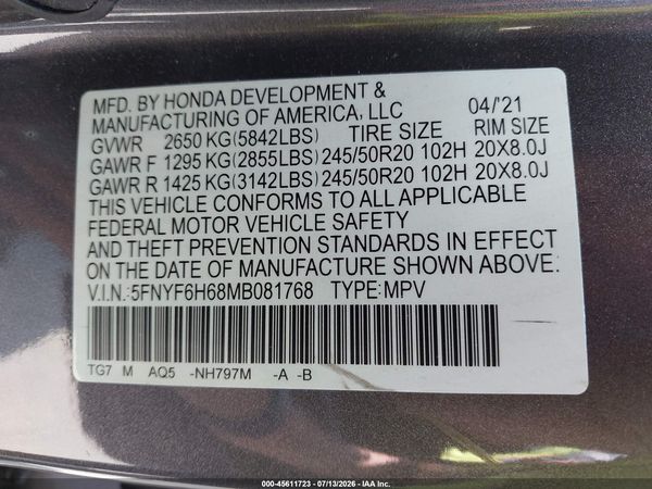 2021 HONDA PILOT AWD TOURING 7 PASSENGER