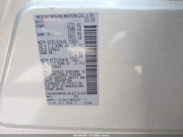 2019 NISSAN PATHFINDER SV