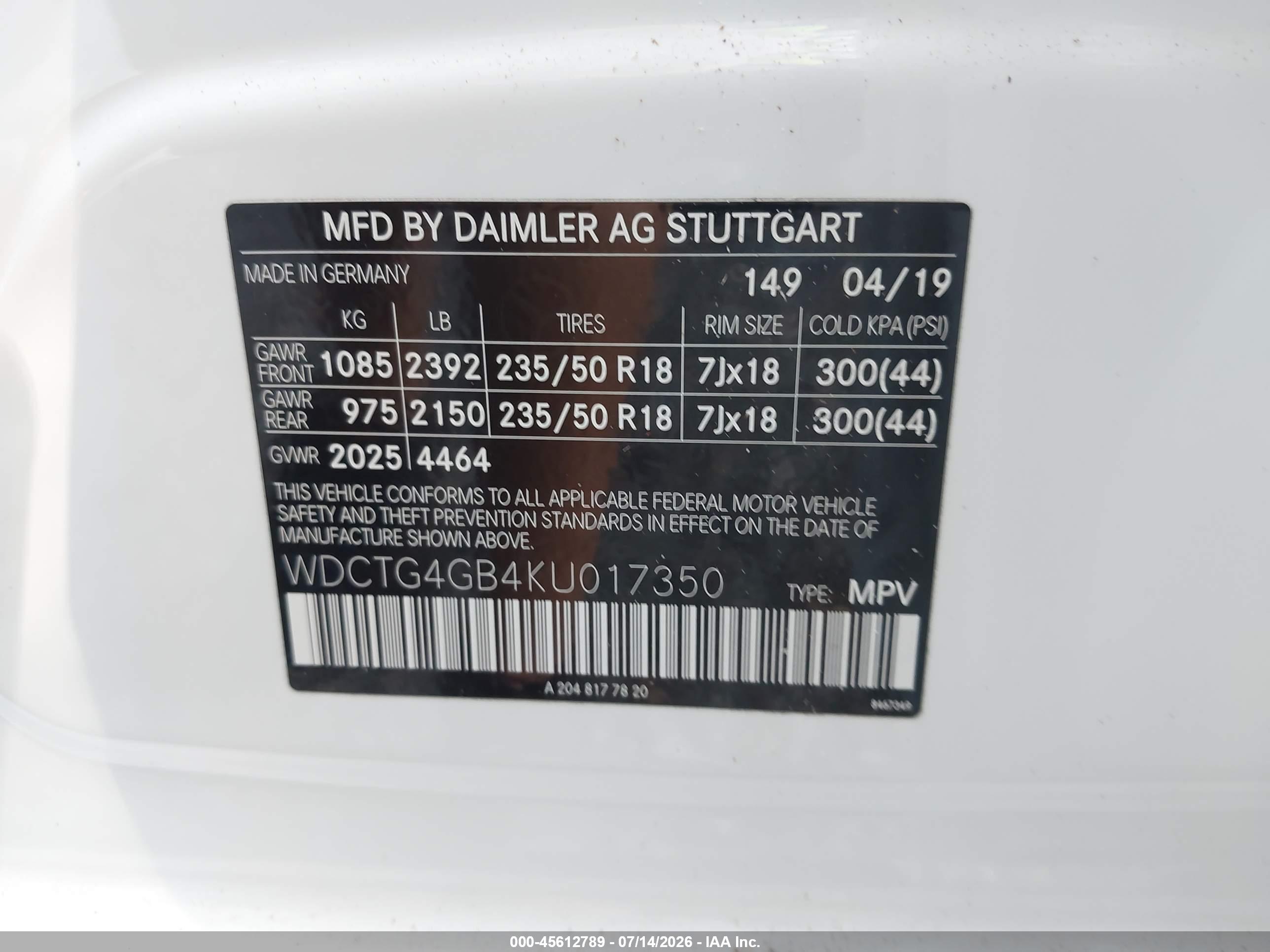 2019 MERCEDES-BENZ GLA 250 4MATIC