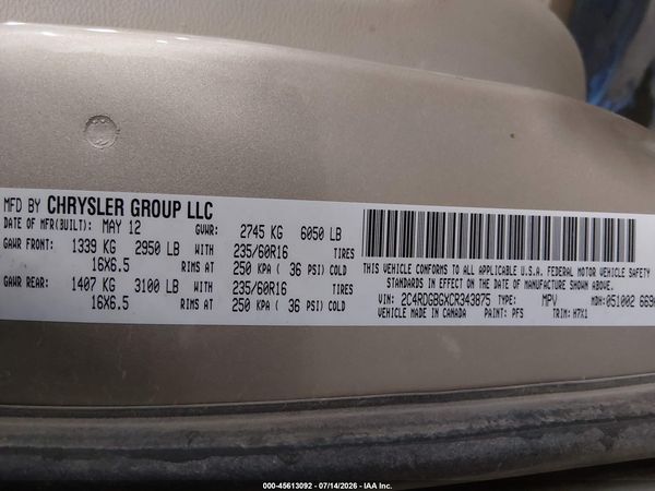 2012 DODGE GRAND CARAVAN SE/AVP — I9