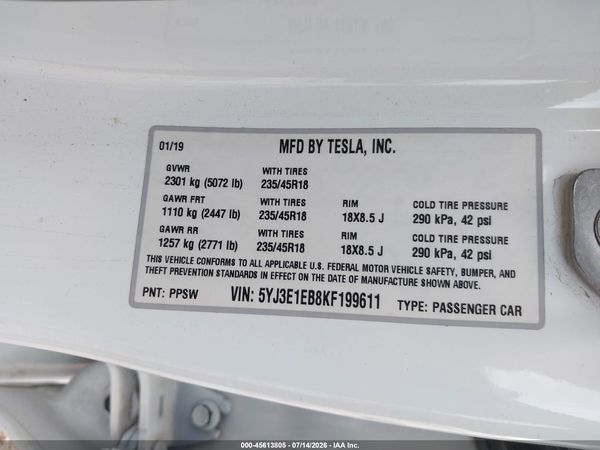 2019 TESLA MODEL 3 LONG RANGE/PERFORMANCE