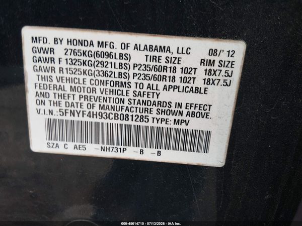 2012 HONDA PILOT TOURING