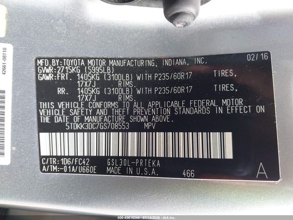2016 TOYOTA SIENNA LE 8 PASSENGER