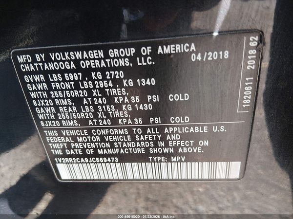 2018 VOLKSWAGEN ATLAS 3.6L V6 SEL — I9
