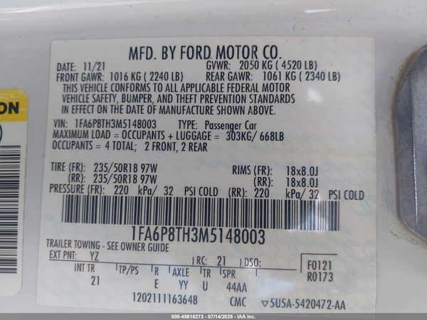 2021 FORD MUSTANG ECOBOOST FASTBACK — I9