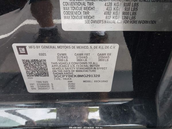 2021 CHEVROLET SILVERADO 1500 4WD  SHORT BED CUSTOM — I9