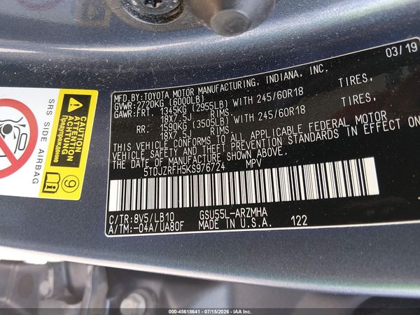 2019 TOYOTA HIGHLANDER XLE