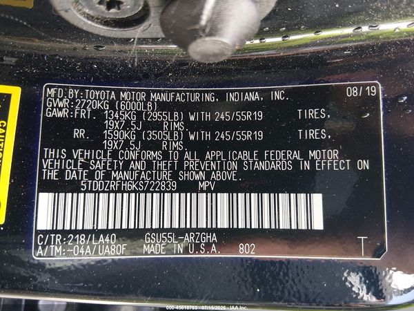 2019 TOYOTA HIGHLANDER LIMITED