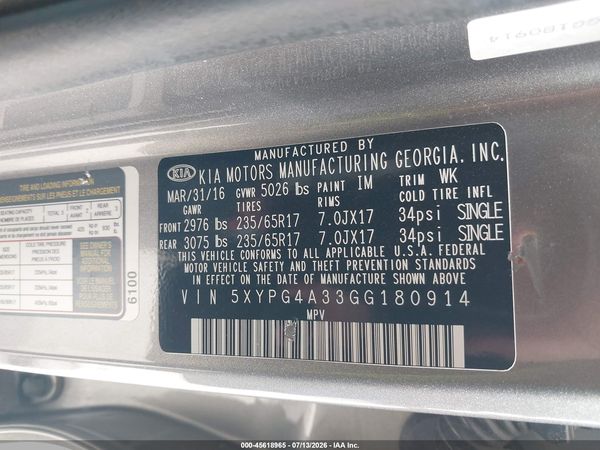 2016 KIA SORENTO 2.4L LX