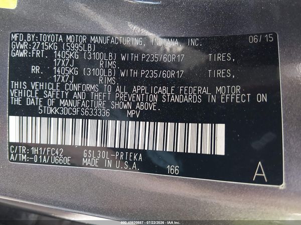 2015 TOYOTA SIENNA LE 8 PASSENGER — I9