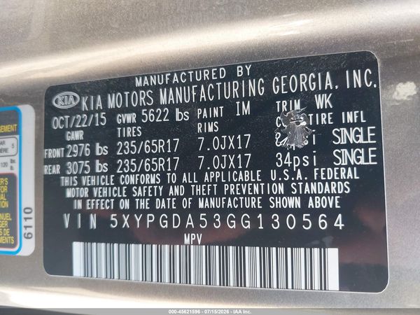 2016 KIA SORENTO 3.3L LX