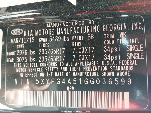 2016 KIA SORENTO 3.3L LX