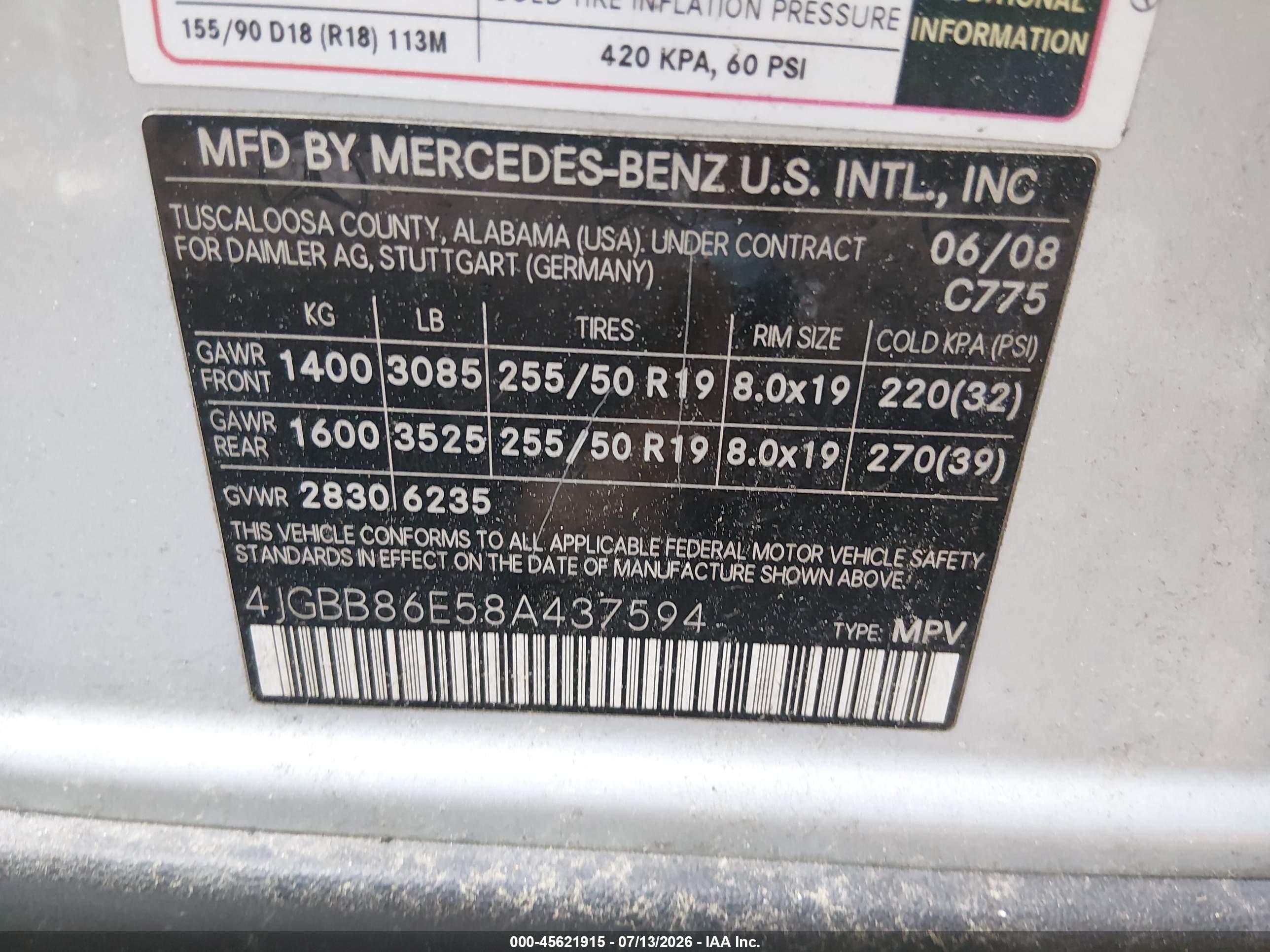 2008 MERCEDES-BENZ M-CLASS ML550 4 MATIC