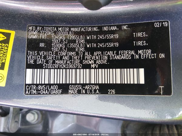 2019 TOYOTA HIGHLANDER LIMITED PLATINUM