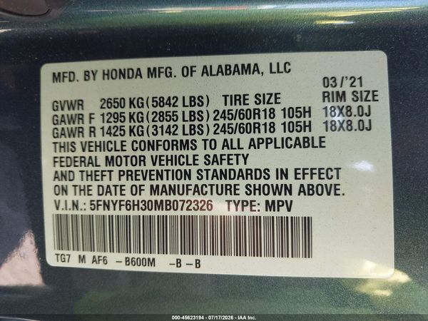 2021 HONDA PILOT AWD EX