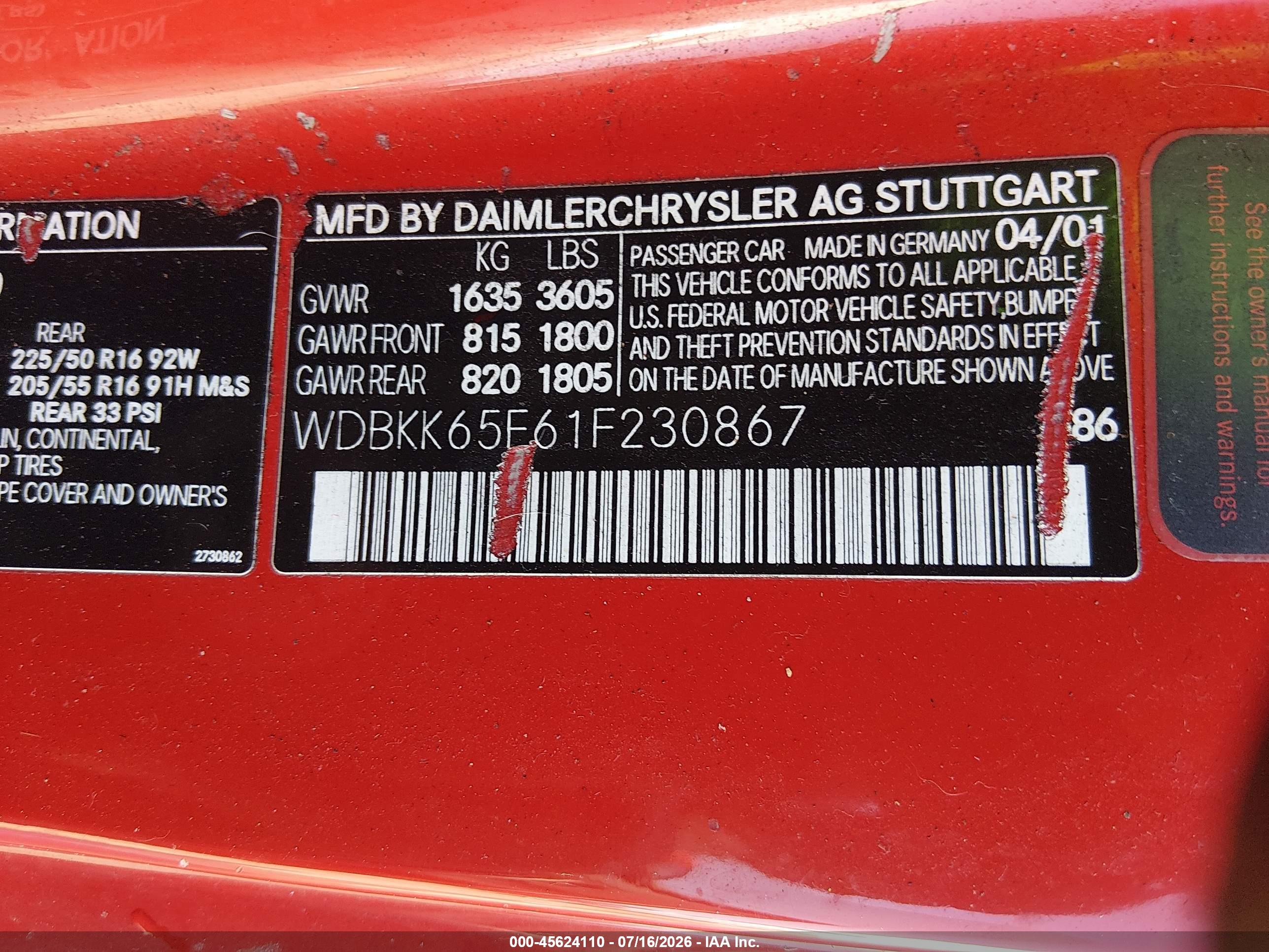 2001 MERCEDES-BENZ SLK 320