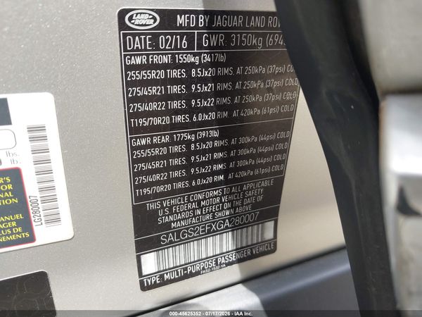 2016 LAND ROVER RANGE ROVER 5.0L V8 SUPERCHARGED