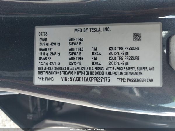 2023 TESLA MODEL 3 REAR-WHEEL DRIVE — I9