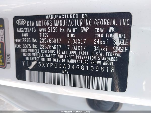 2016 KIA SORENTO 2.4L LX