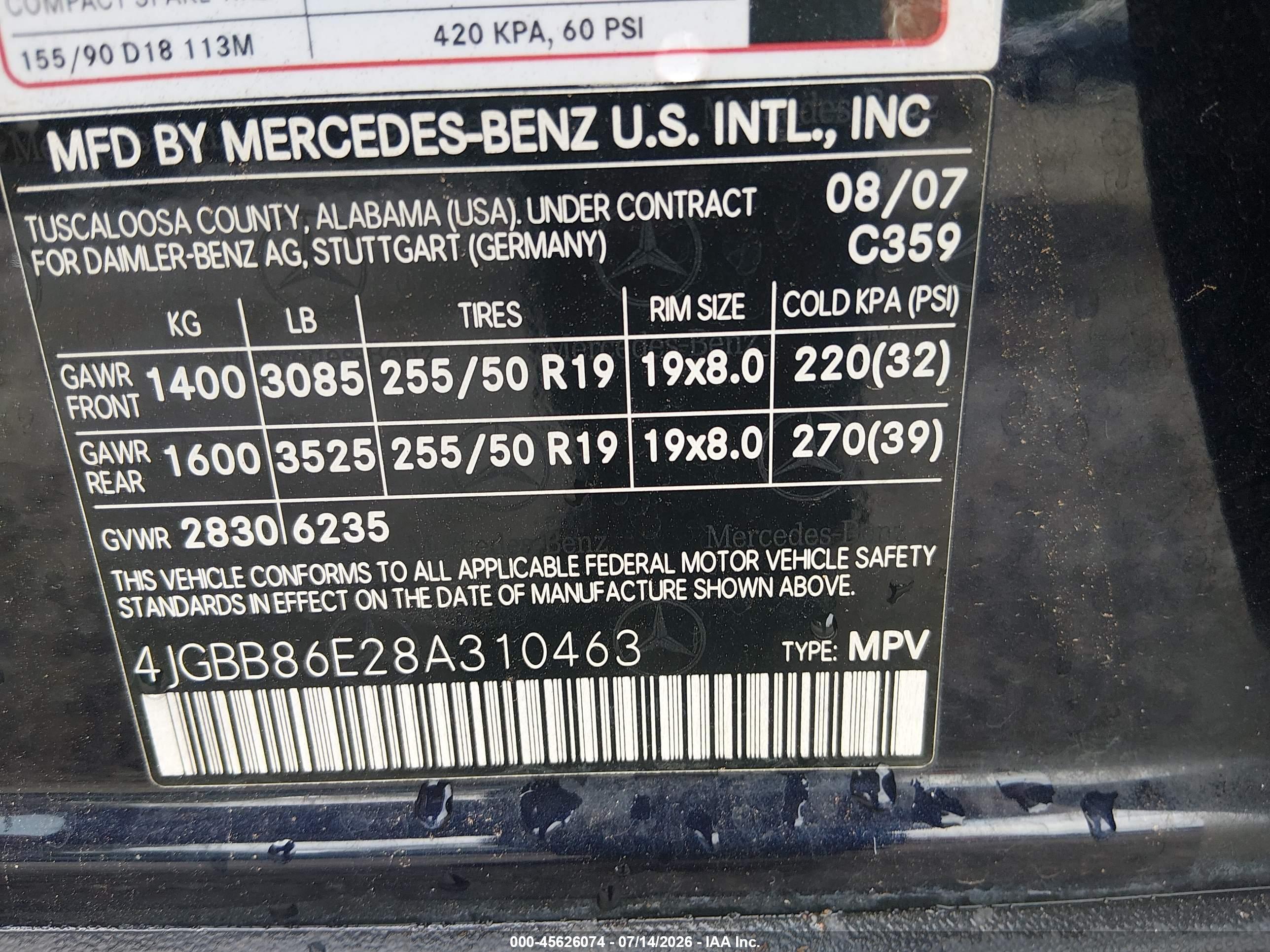 2008 MERCEDES-BENZ M-CLASS ML550 4 MATIC