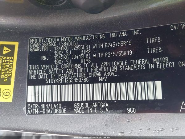 2016 TOYOTA HIGHLANDER LIMITED PLATINUM V6