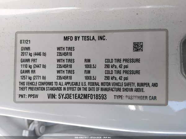 2021 TESLA MODEL 3
