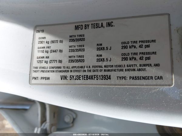 2019 TESLA MODEL 3 LONG RANGE/PERFORMANCE
