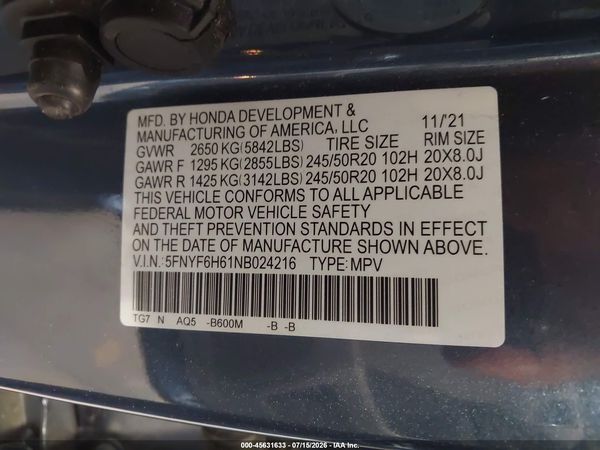 2022 HONDA PILOT AWD TOURING 7 PASSENGER