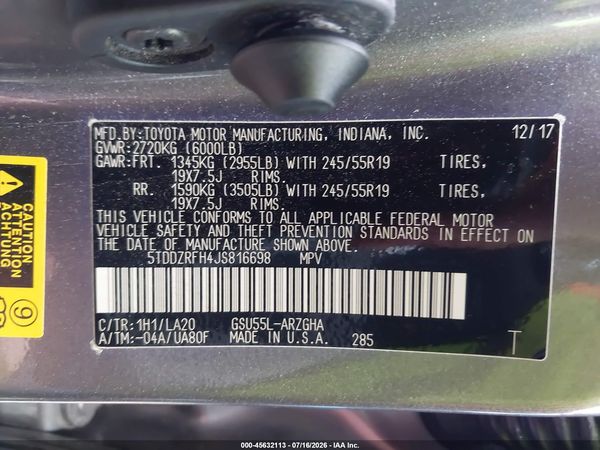 2018 TOYOTA HIGHLANDER LIMITED PLATINUM