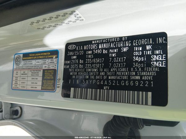 2020 KIA SORENTO 3.3L LX