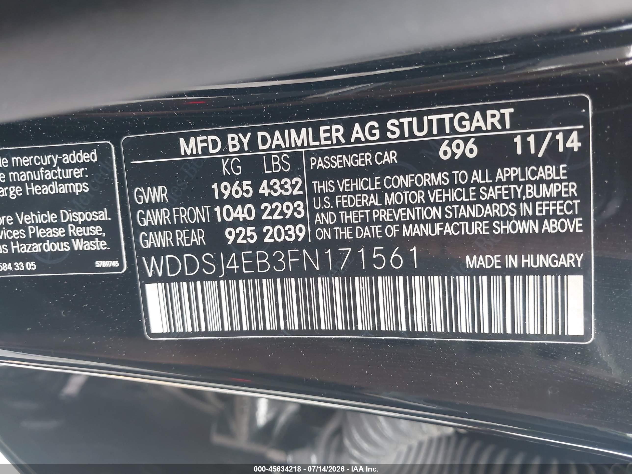 2015 MERCEDES-BENZ CLA 250 CLA250