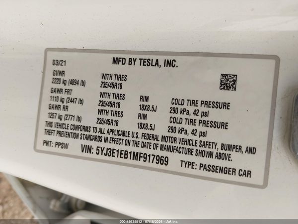 2021 TESLA MODEL 3