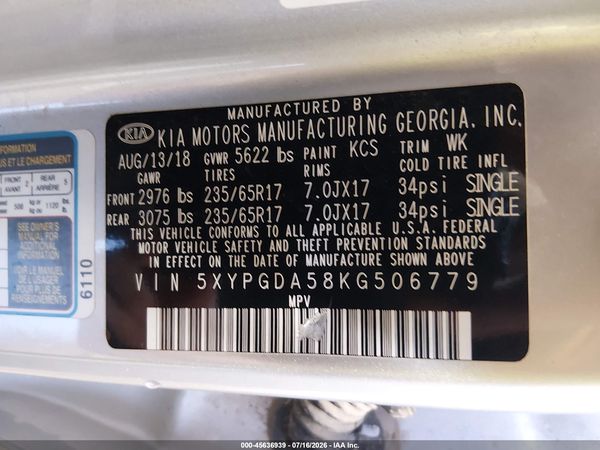 2019 KIA SORENTO 3.3L LX
