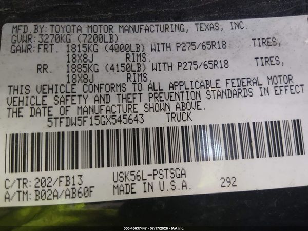 2016 TOYOTA TUNDRA SR5 5.7L V8